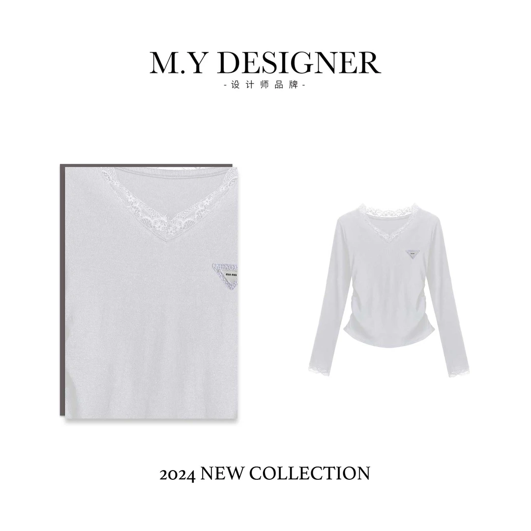 M.Y 媛总 63621#CSIN时尚蕾丝拼接收腰恤2024秋显瘦潮流个性上衣