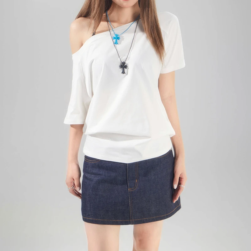 【梵艺女装】美式复古宽松纯欲性感白色露肩百搭纯棉上衣新款t恤