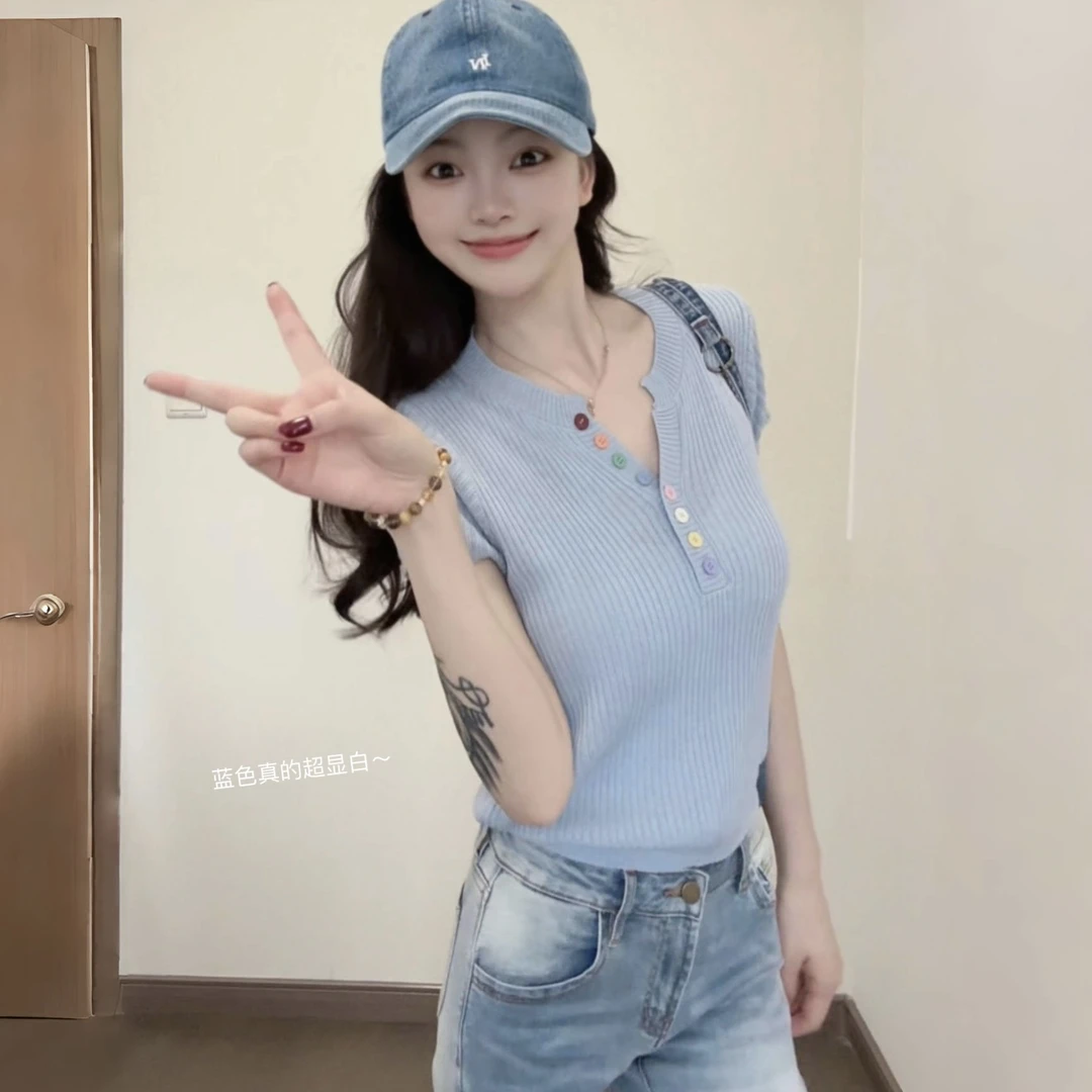 【彩虹纽扣】别致减龄2025时尚休闲纯欲风针织衫小众短袖上衣H6-67