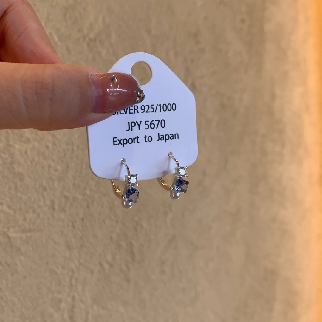 合金锆石耳饰 气质锆石珍珠耳扣耳环高级感小众蓝色耳圈耳饰女