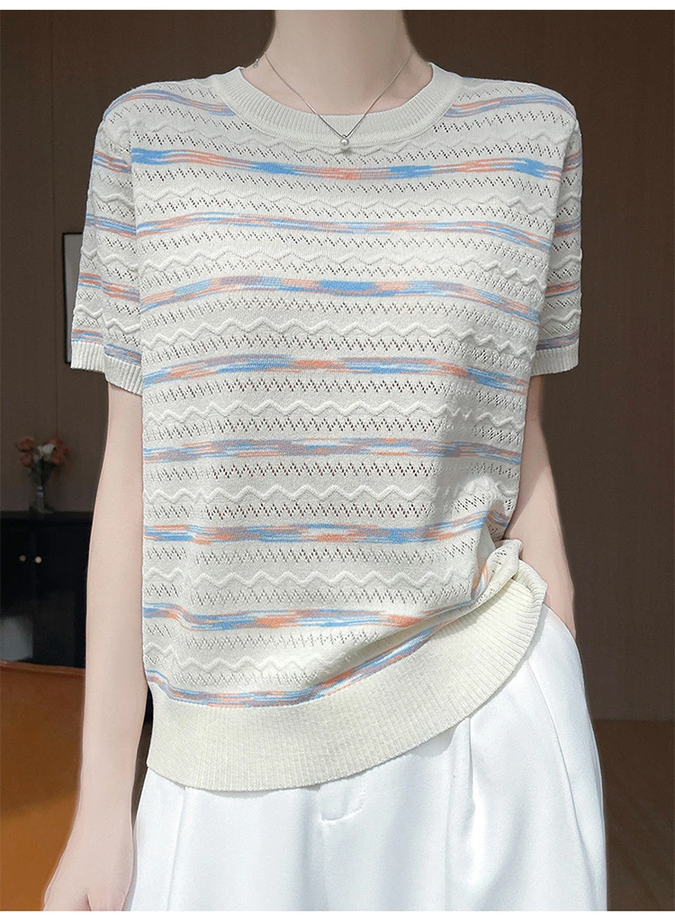 【莱赛尔天丝】新款短袖薄气质t恤宽松针织高档圆领彩虹条纹女上衣