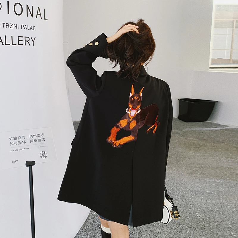 黑色韩版气质后背刺绣小众西装外套女2025年春季新款炸街百搭西服