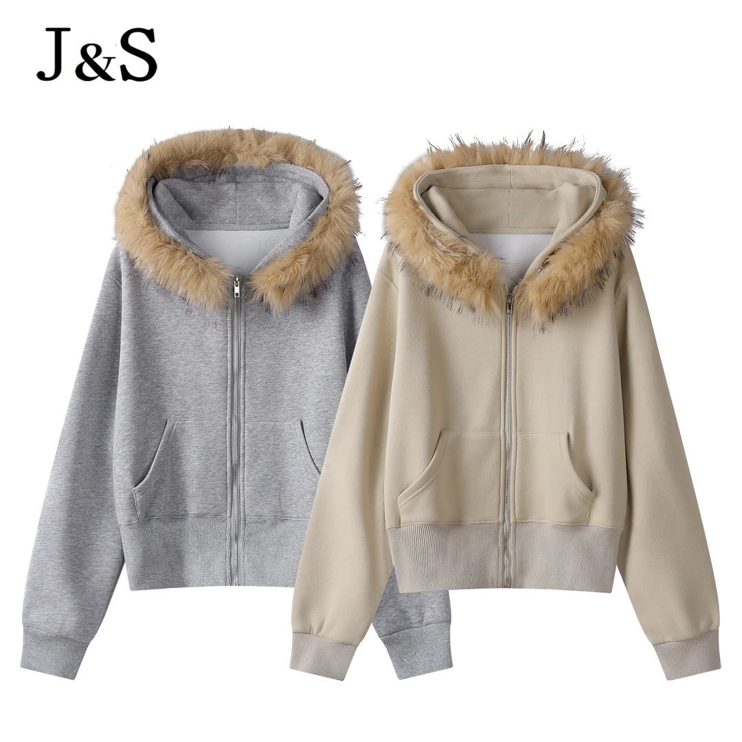 胖MM美式复古可拆卸大毛领连帽加绒卫衣秋冬百搭显瘦加绒外套0407