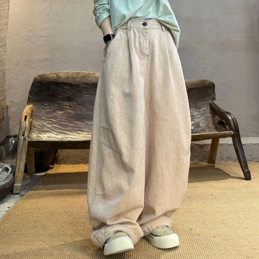 2510101衣牧了然春季色织棉麻混纺宽松休闲裤纯色阔腿宽松直筒裤