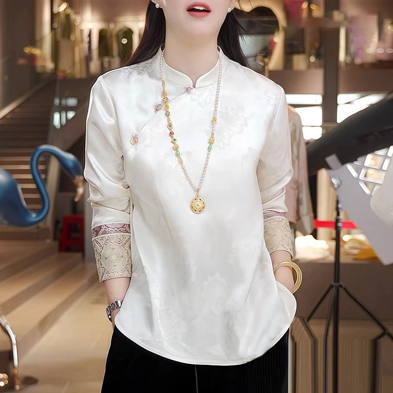 国风马甲内搭打底衫人丝提花衬衫女秋宋锦新中式上衣长袖盘扣小衫