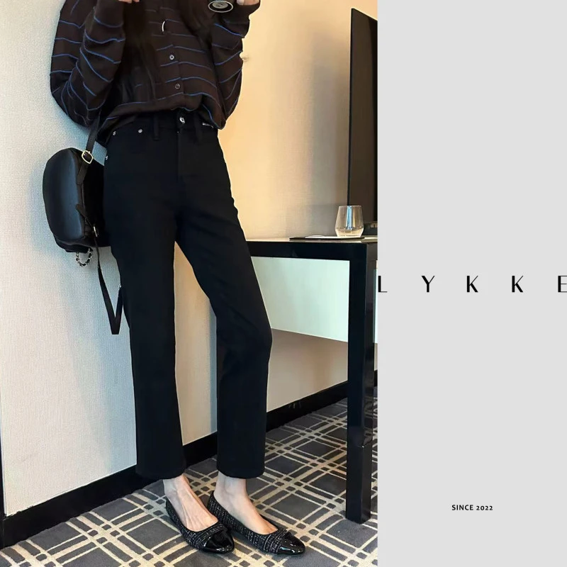 【佳琦】“腿精”复古直筒烟管裤 显瘦磨毛加绒黑色牛仔裤-E674