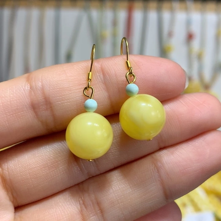 蜜蜡银S925镀金镶嵌耳饰11.7mm