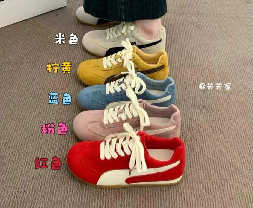 防滑胶粘磨砂皮德训鞋时尚休闲鞋潮鞋时尚女鞋系带粉色阿甘鞋