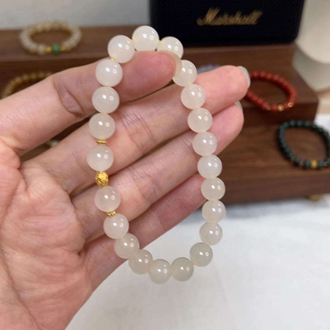 手链18K金镶嵌和田玉8mm蜂蜜水高冰底
