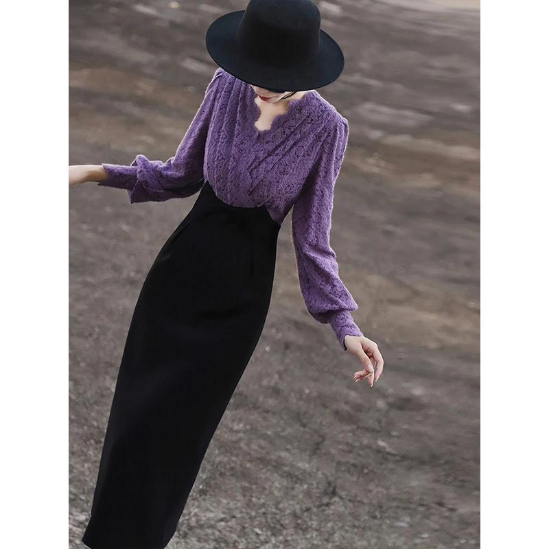 兰瑟儿秋季新款裙子名媛显瘦蕾丝拼接V领包臀连衣裙104QL9032