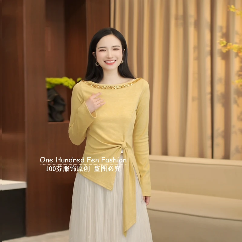 2025新款纯欲风不规则开叉收腰修身百搭显瘦重工闪片圆领T恤女