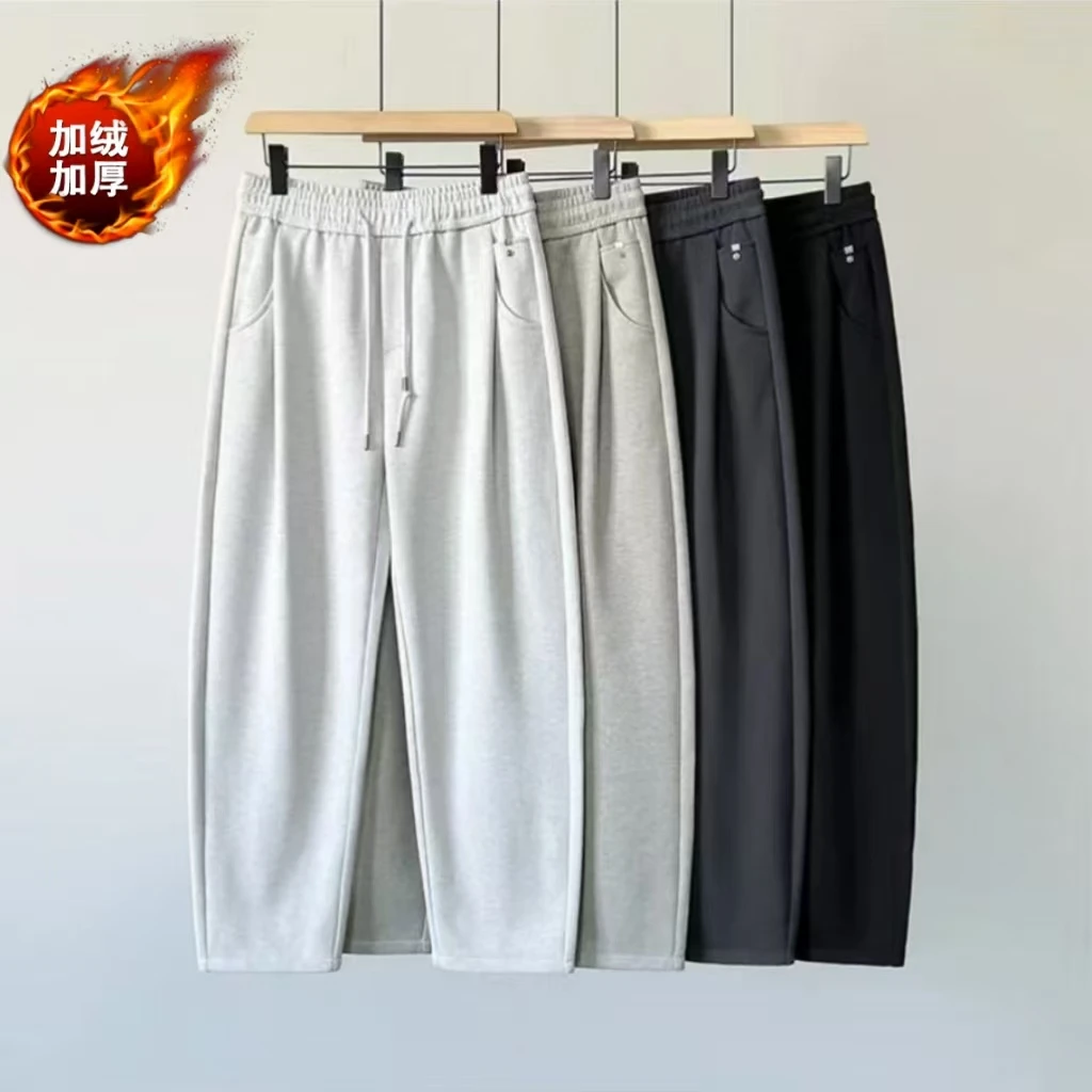 秋冬彩棉双纱男士宽松潮流卫裤加绒加厚情侣弯刀裤保暖简约休闲裤