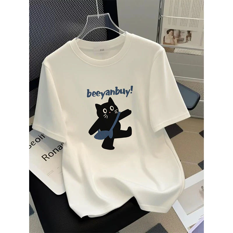 卡通小猫短袖t恤女夏季2025新款时尚宽松小众设计感白色圆领上衣