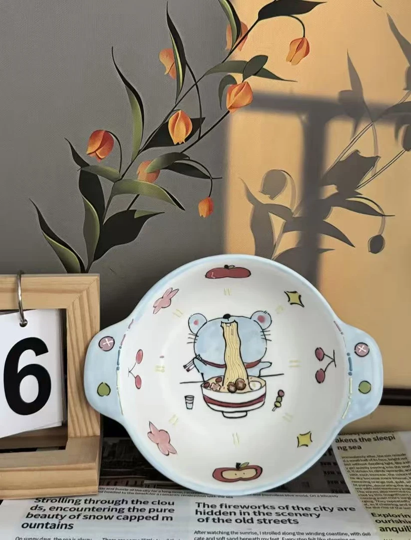 景德镇沁心高温釉下彩纯手绘创意瓷 双耳鼠鼠吃面碗