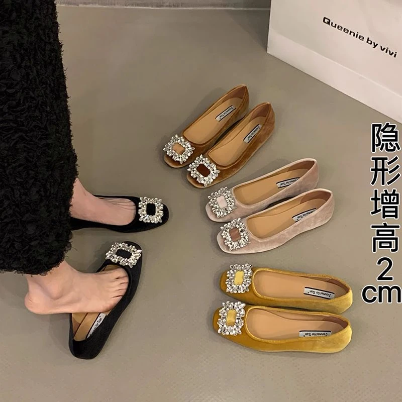 内增高绒面水钻法式小单鞋女鞋子2025新款春夏季晚晚鞋黑色奶奶鞋