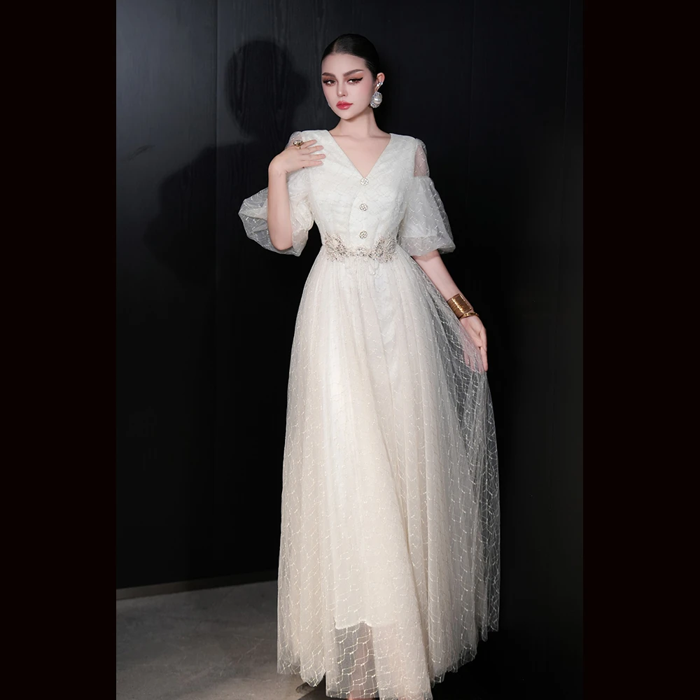 法式高贵V领泡泡袖钉珠超大飘逸裙摆网纱连衣裙长裙收腰显瘦显白