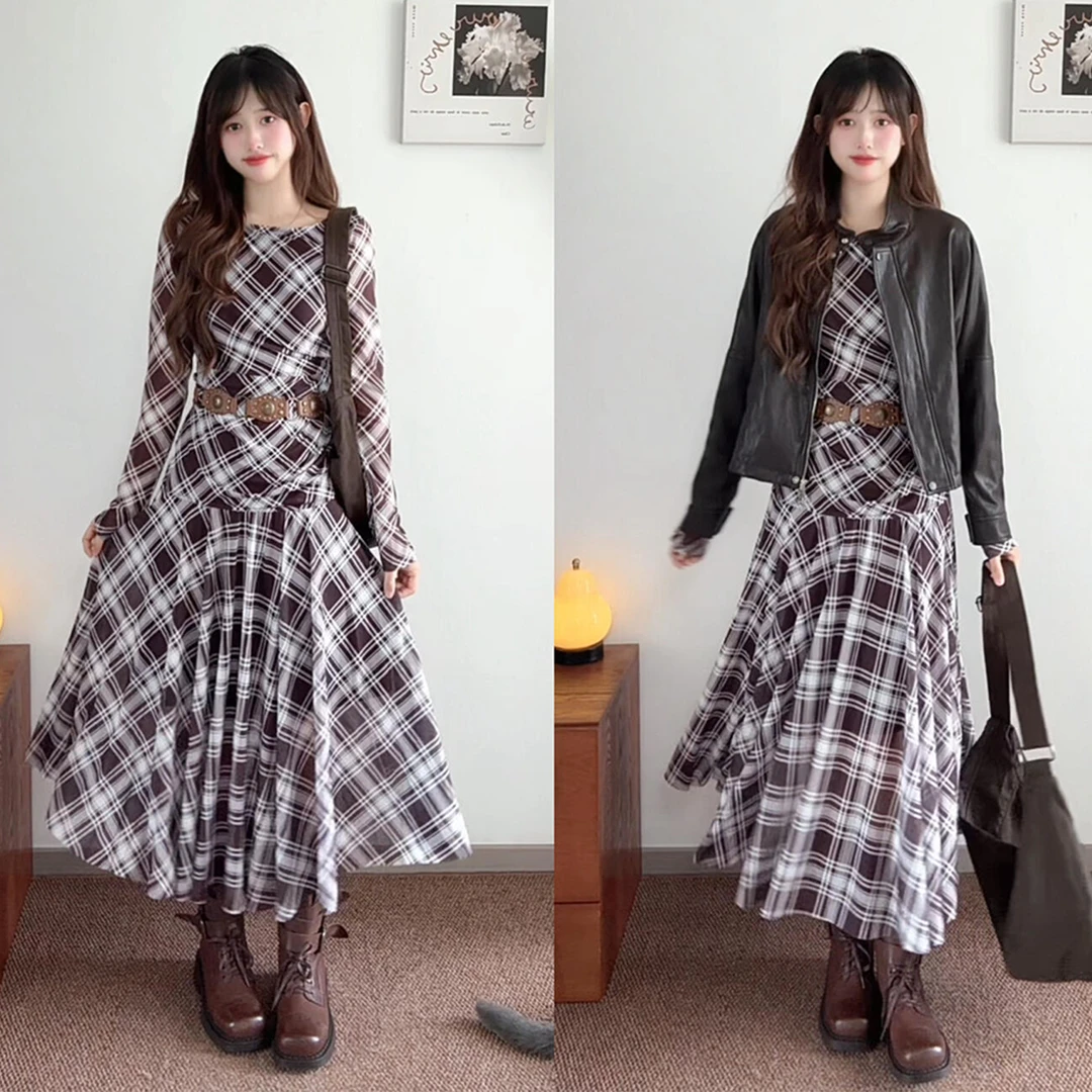 法式高级设计感长袖连衣裙子女秋冬季2025新款黑白格收腰显瘦长裙