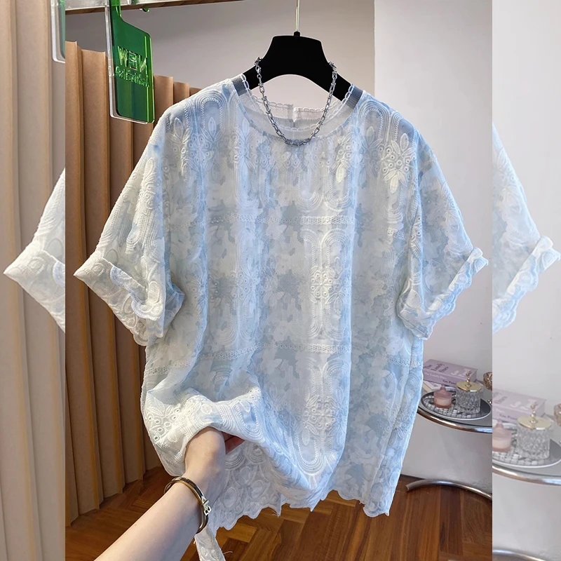 高级感韩版刺绣波浪花边蕾丝大码女T恤夏季洋气宽松休闲显瘦短袖