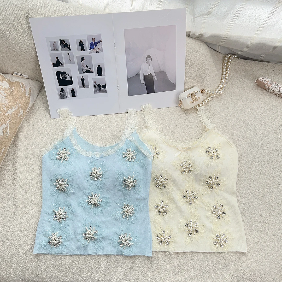 2025【栀梦】春夏新款法式重工钉珠花朵拼接蕾丝吊带气质好看带胸垫