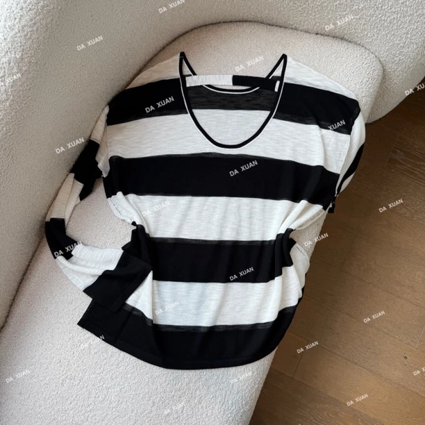 /D.X/2025夏款『条纹美学』设计感撞色宽松慵懒百搭长袖防晒针织衫