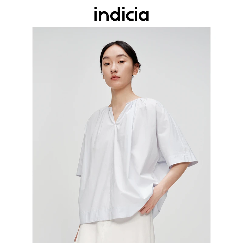 indicia标记商场棉夏季简约清新圆领褶皱设计感衬衫6B405SY262F
