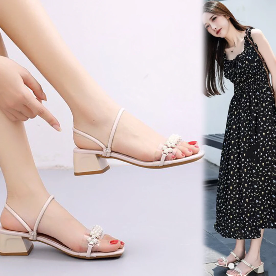 反季清仓夏季新款韩版百搭粗跟水钻珠珍女士拖鞋两穿拖鞋