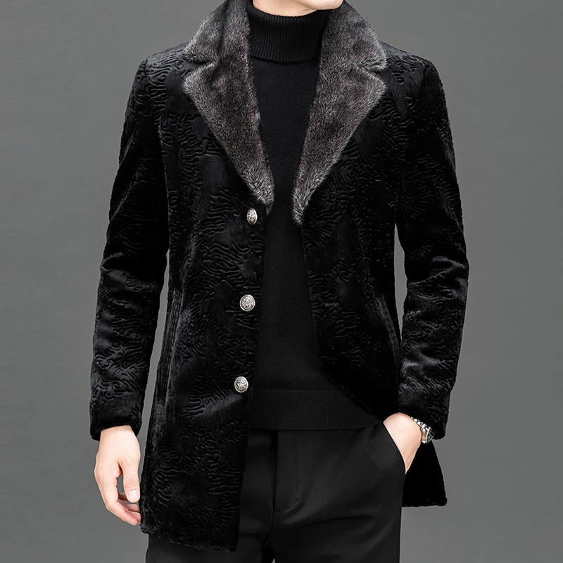 男士中长款皮毛一体貂绒外套毛呢翻领男商务休闲加厚保暖外套男装