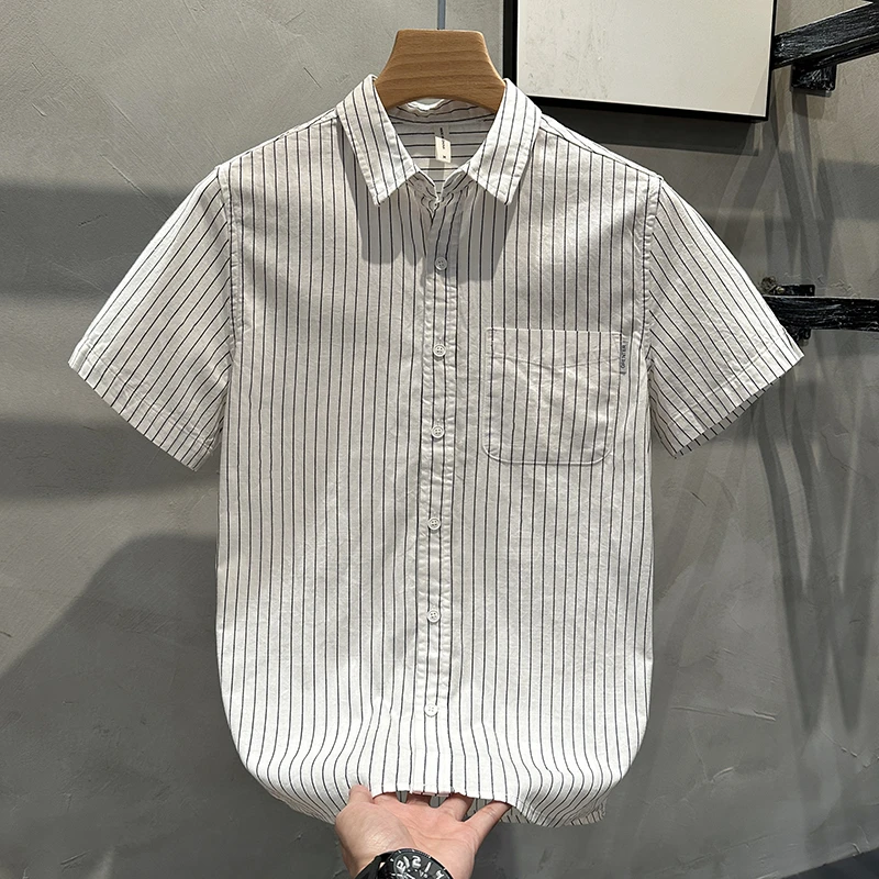 夏季轻奢高端条纹短袖衬衫男士时尚潮牌百搭文艺休闲宽松透气衬衣