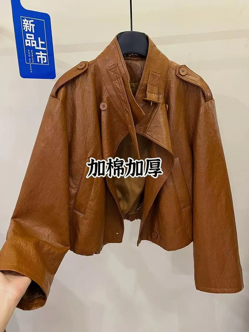 甜酷机车皮衣夹棉厚外套欧洲站2025年秋季新款立领双排扣夹克上衣