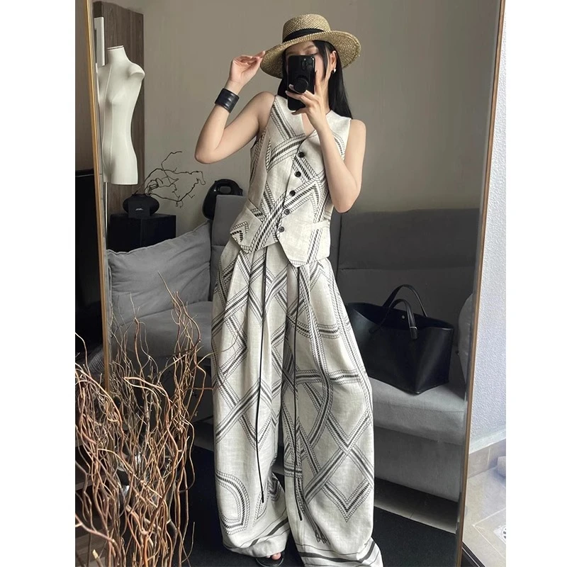 老钱度假风时尚亚麻套装女夏季新款南法气质高端马甲阔腿裤两件套