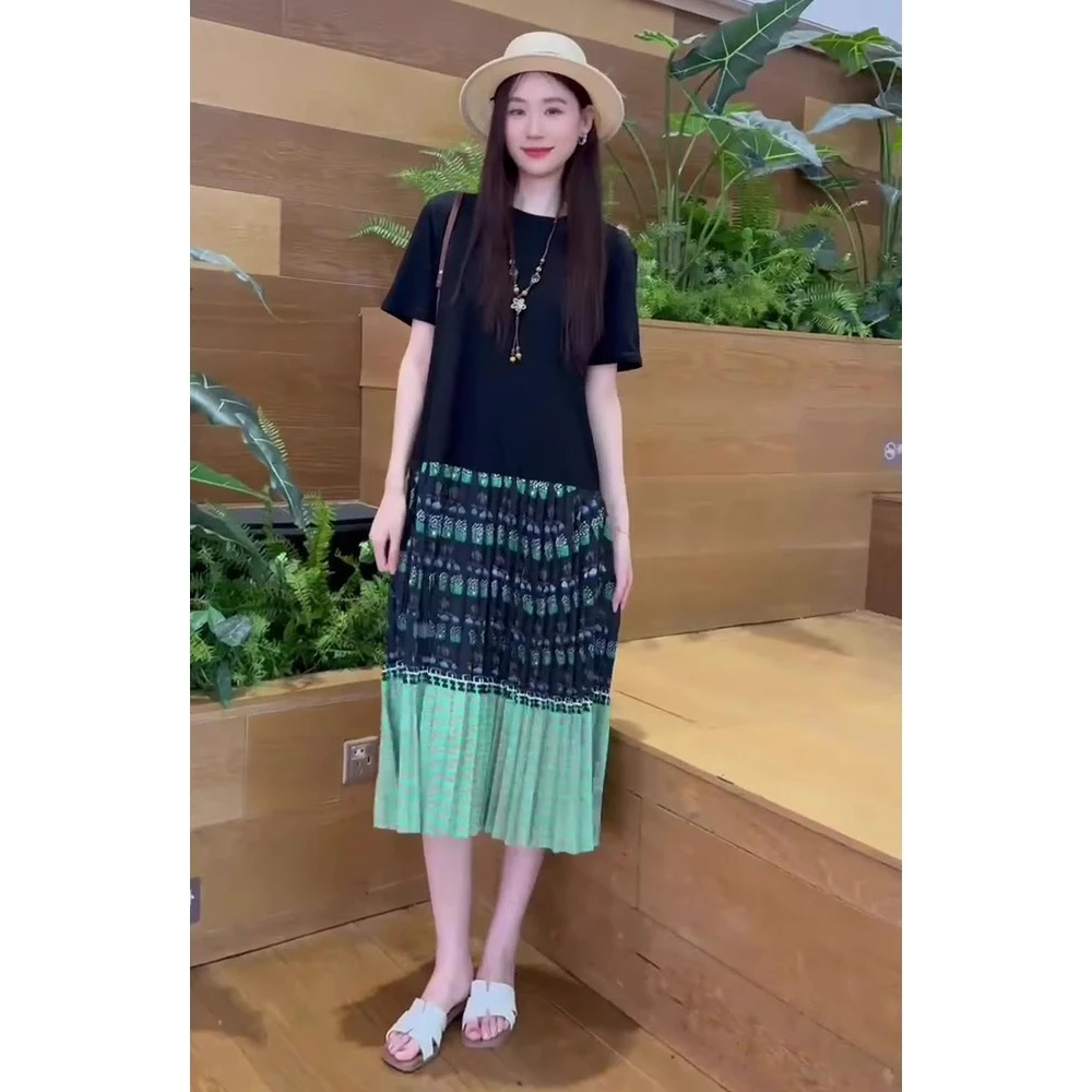 大码韩版时尚假两件拼接压褶长裙2025夏季新款胖mm过膝短袖连衣裙