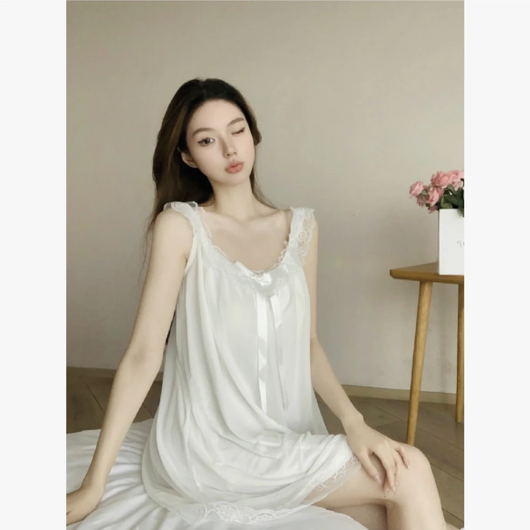 睡裙女夏季新款吊带冰丝蕾丝边睡衣甜美公主风家居服