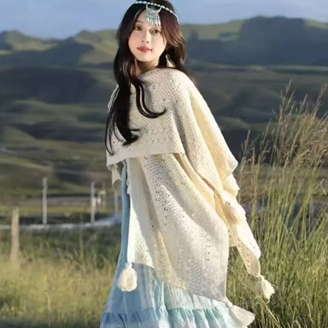 美美推荐 旅游民族风披肩女外搭米色波西米亚风流苏披肩