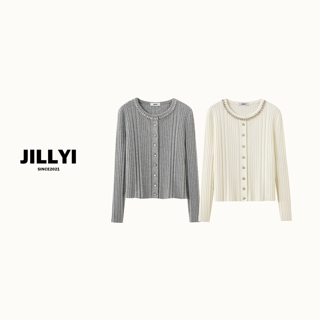 jillyi【初秋微光】灰白双色圆领手缝珍珠领口老钱风优雅针织开衫