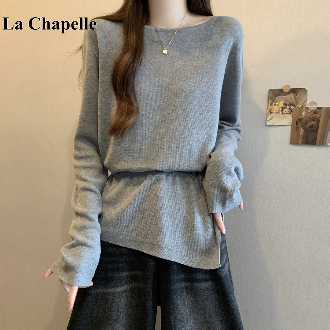拉夏贝尔针织打底衫毛衣女秋冬大码胖mm显瘦不规则收腰遮肚子上衣