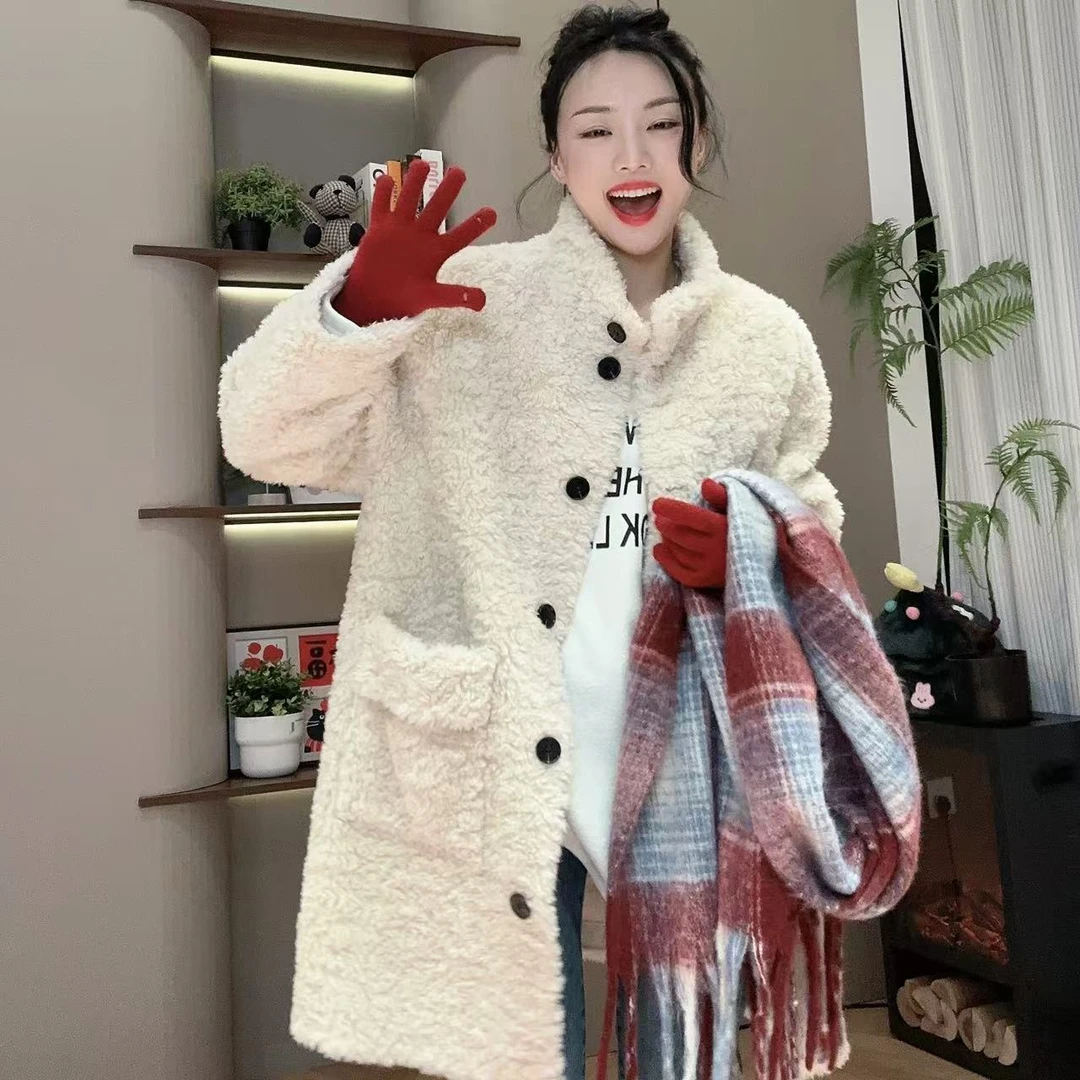 秋冬小羊咩咩羊毛单排扣中长毛毛草外套4-12-21