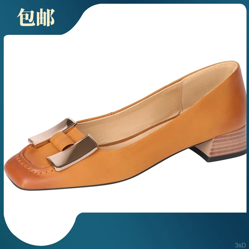 百搭皮鞋外贸单鞋浅口女2025秋冬新款中跟鞋金属扣通勤工作女鞋