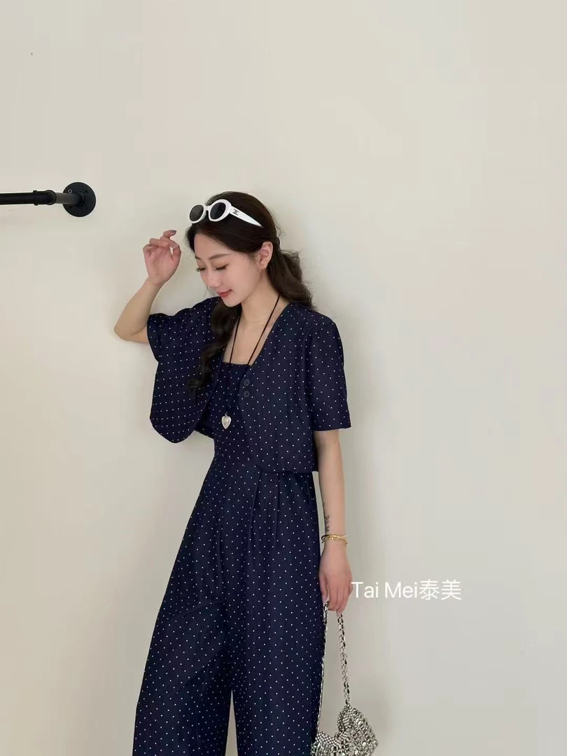 【肉总】韩版波点吊带裤➕外披两件套