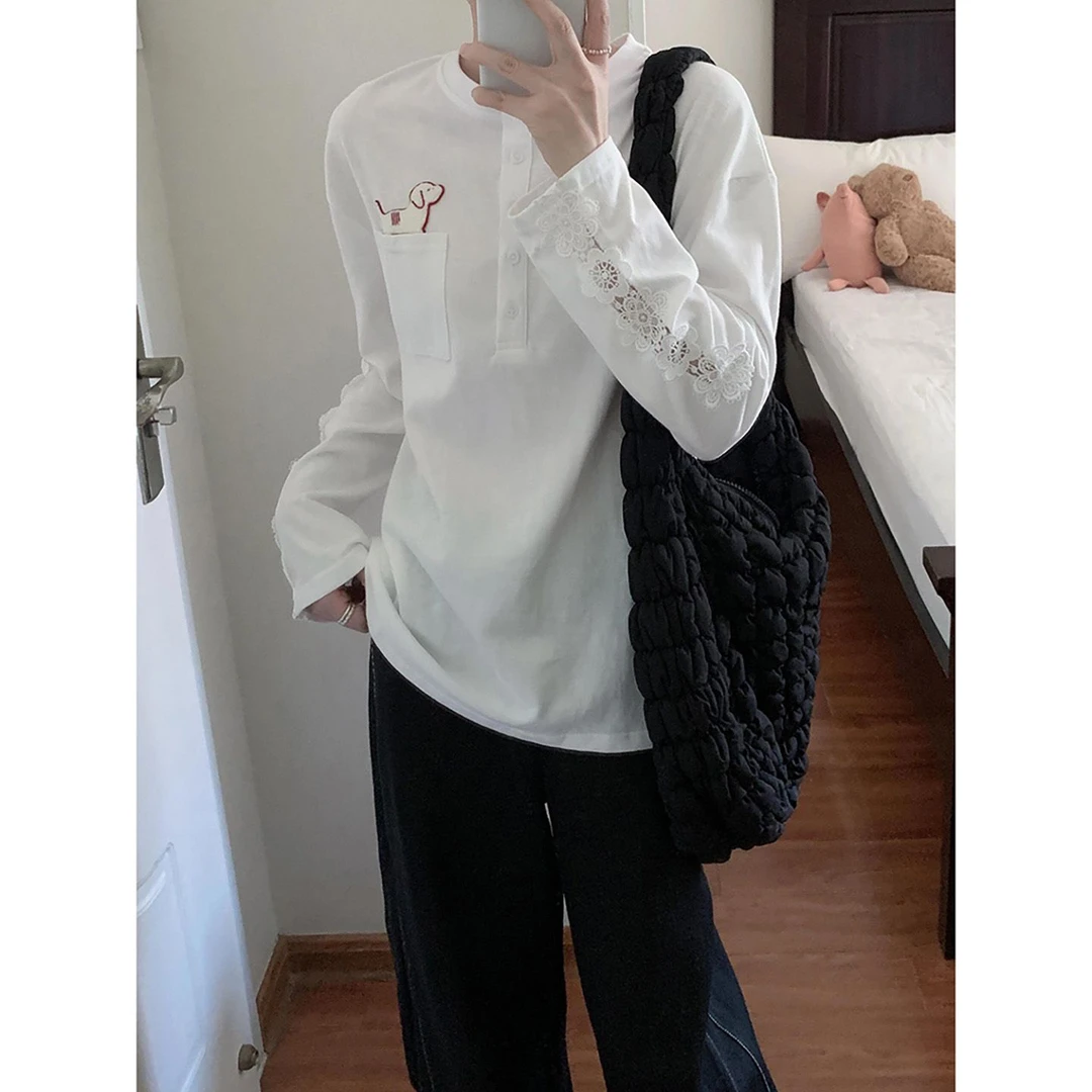 韩系白色圆领刺绣蕾丝长袖T恤女早秋季新款宽松慵懒风上衣打底衫
