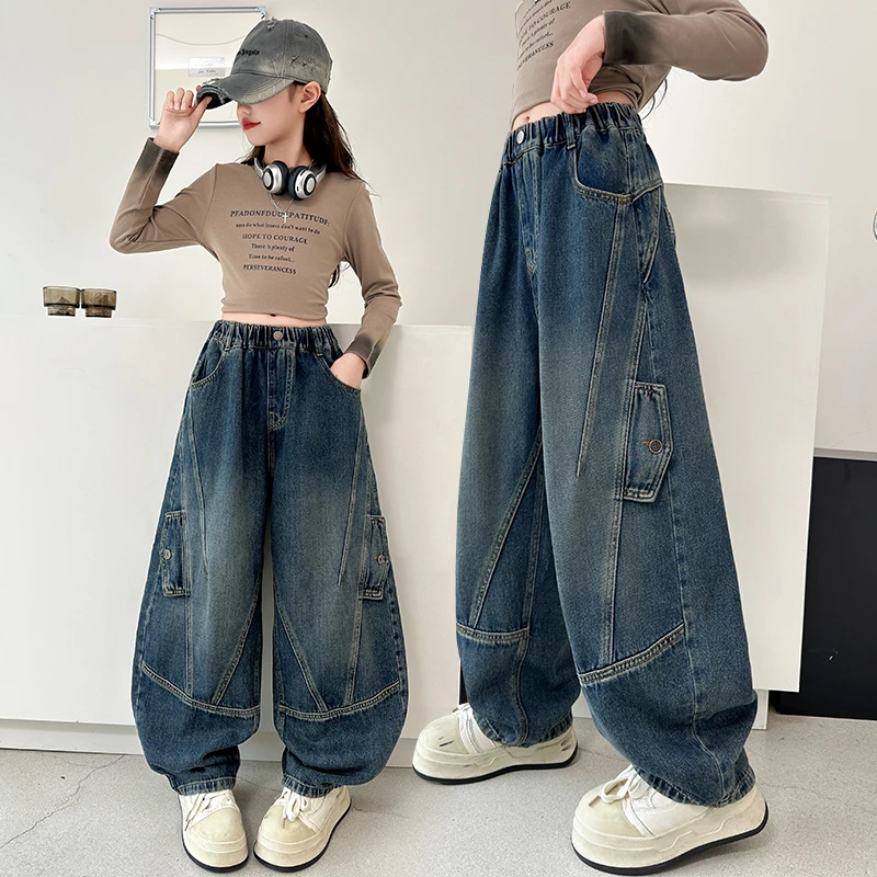 女童裤子春秋新款儿童牛仔裤中大童长裤窄版工装女孩韩版直筒秋季