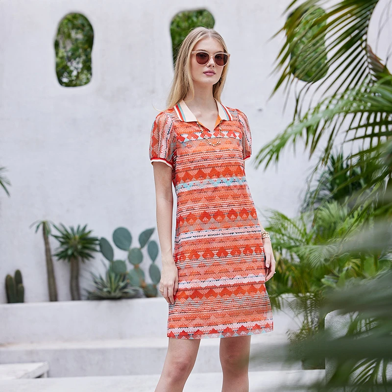 春夏新款时尚条纹网纱翻领短款连衣裙 赫2305P