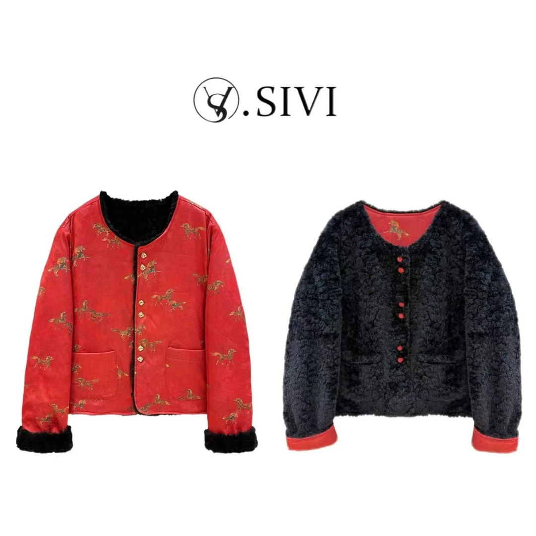 熙薇【赤驹绒梦】2025冬季新款设计师气质两面穿国风外套H7199