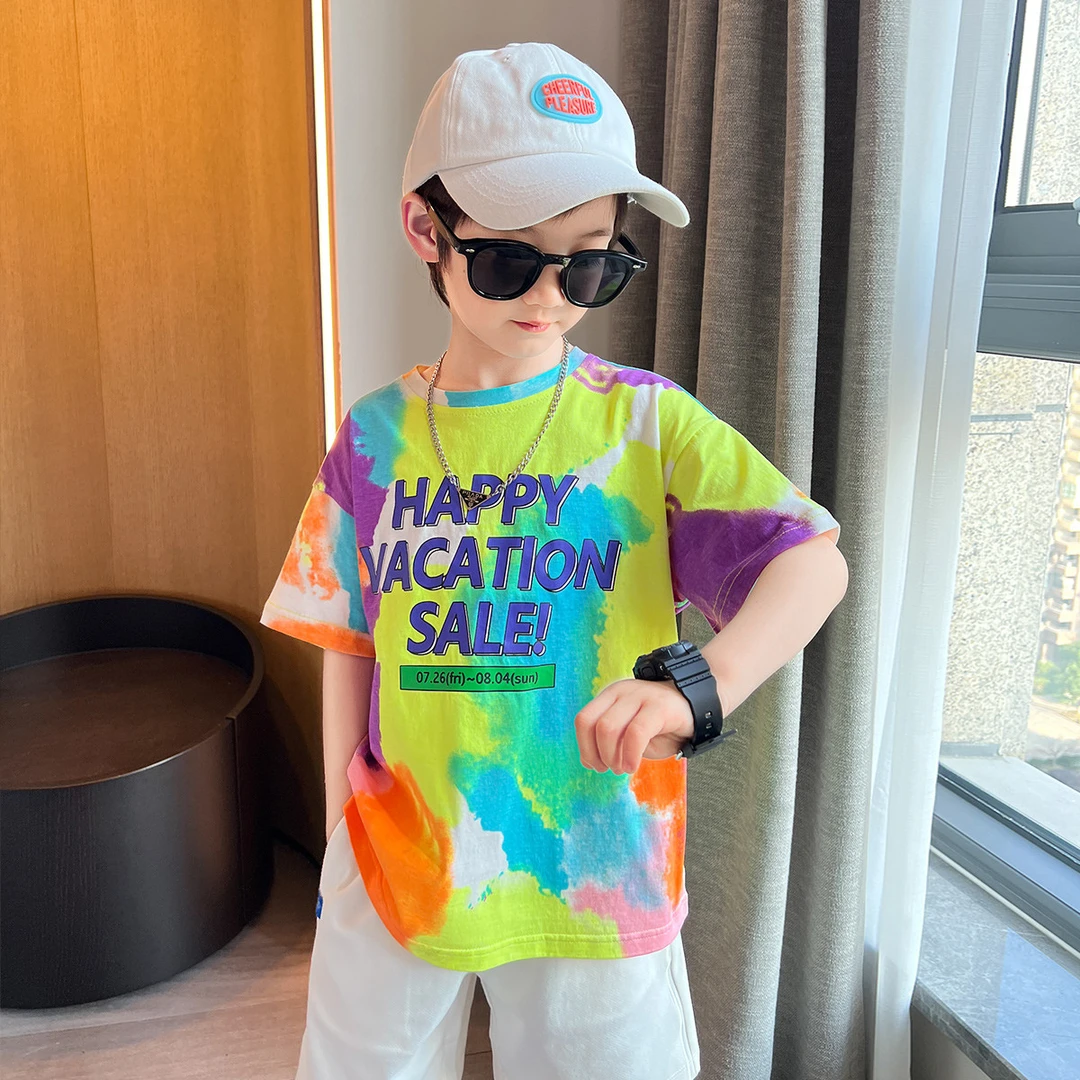 男童夏季扎染彩虹渐变短袖T恤儿童2025夏款男孩时髦上衣夏装t纯棉