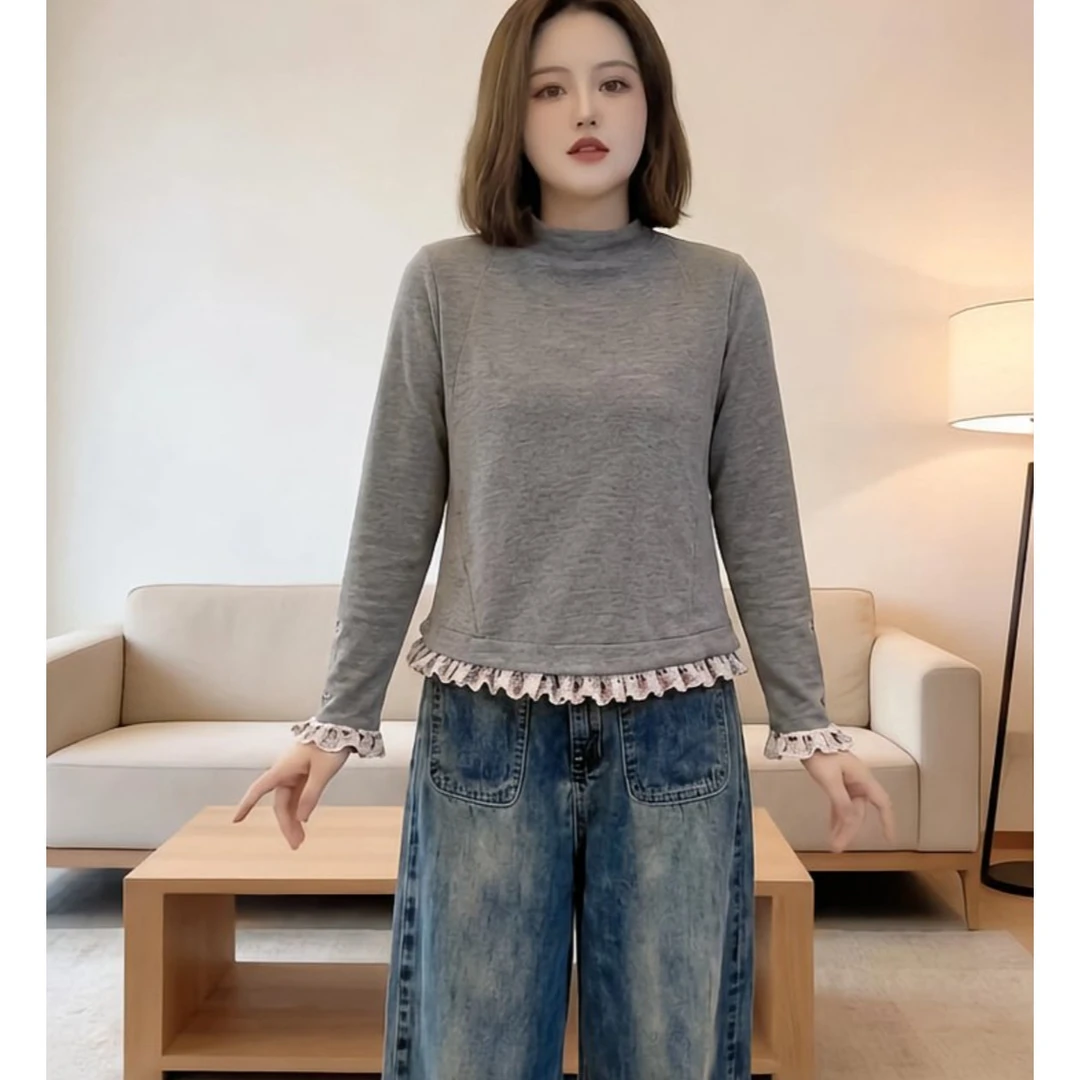 多款秋冬新款加绒加厚打底衫简约百搭上衣半高领奥粒绒盘扣卫衣女