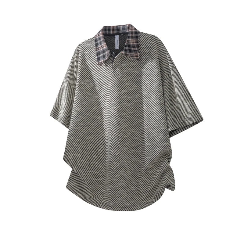 夏季大码宽松圆领短袖男士潮流格子Polo衫百搭休闲纯色日系