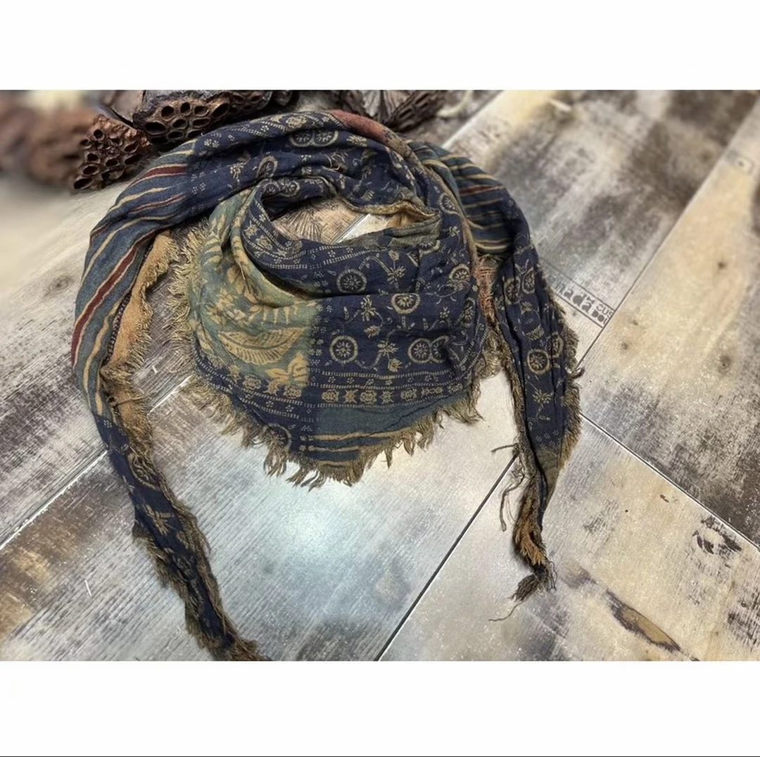 复古炒色印花手工拉毛麻料百搭双面四季花色夏季围巾三角巾