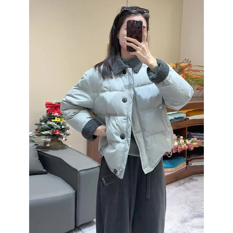 小众简约时尚休闲棉服女2025冬季设计感拼接翻领撞色保暖时尚外套