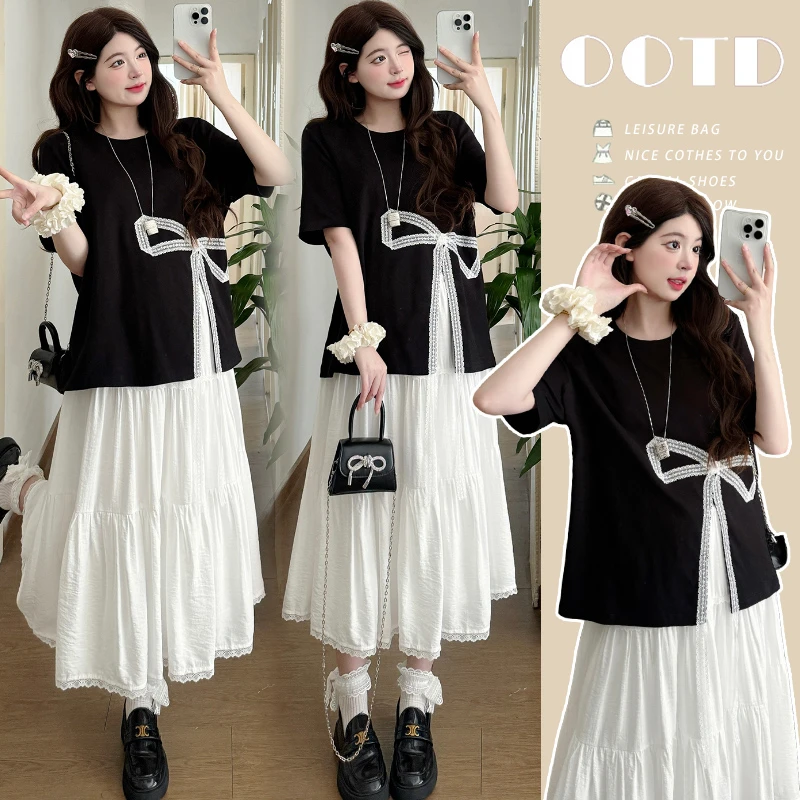 孕妇装夏款套装2025新款设计感蝴蝶结短袖上衣半身裙时髦两件套女