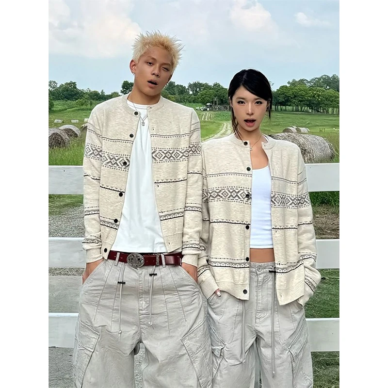 费尔岛提花毛衣开衫外套男女款秋季老钱风慵懒针织衫美式情侣上衣