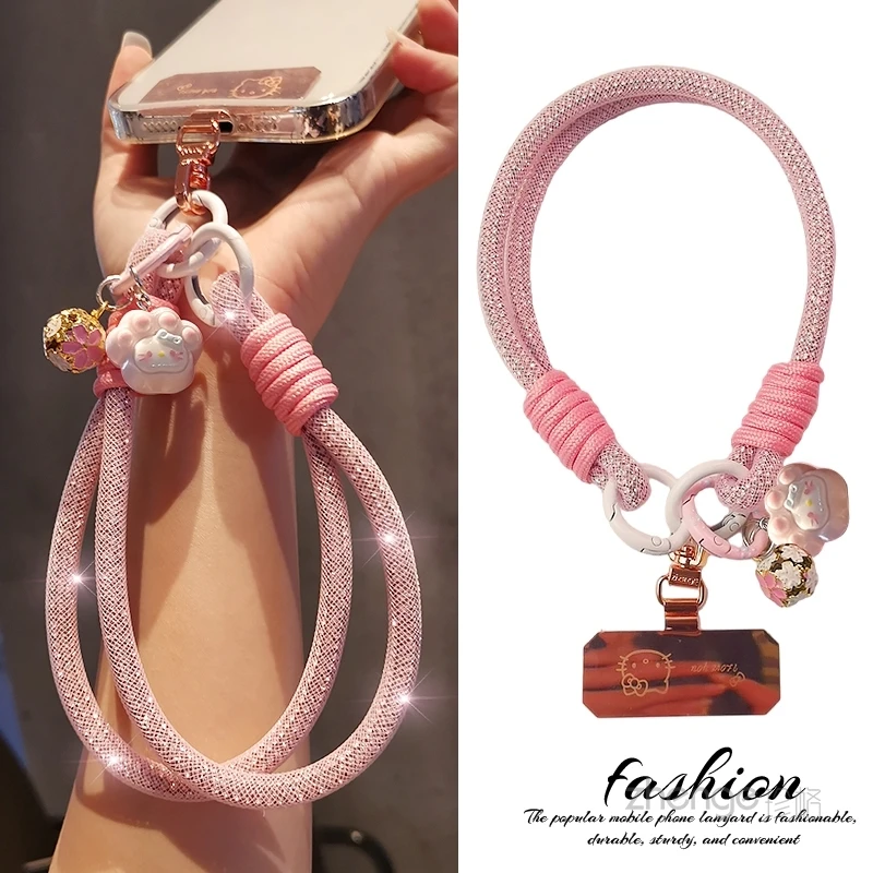 可爱猫闪钻手机挂绳女高级感手腕短款卡通花铃铛吊坠手链手机挂链